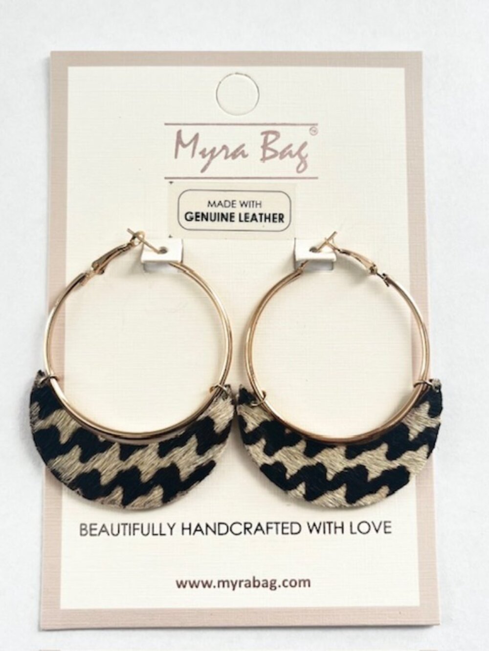 Myra Bag Lunar Earrings Hairon Leather Black Cream Gold Tone Hoop NWT